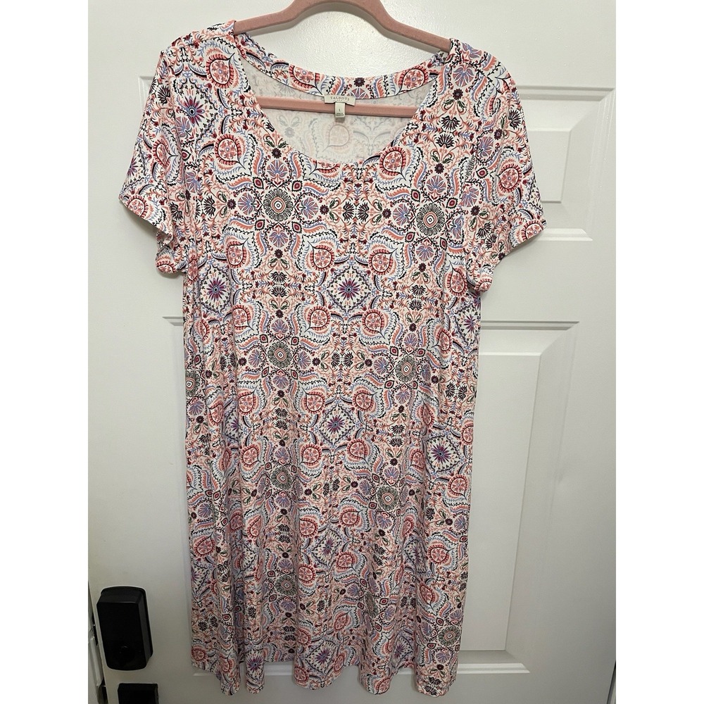 Talbots T-shirt Dress Size L Colorful Paisley Jersey Stretch Swing Boho Preppy - Picture 1 of 4